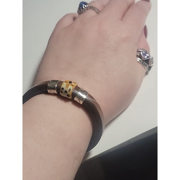 Sterling Silver Lampwork Glass Brown Eyed Susan 925 Leather Hippie Bracelet Gift - Picture 7 of 8